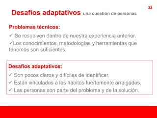22
 Desafíos adaptativos          una cuestión de personas


Problemas técnicos:
 Se resuelven dentro de nuestra experiencia anterior.
Los conocimientos, metodologías y herramientas que
tenemos son suficientes.


Desafíos adaptativos:
 Son pocos claros y difíciles de identificar.
 Están vinculados a los hábitos fuertemente arraigados.
 Las personas son parte del problema y de la solución.
 