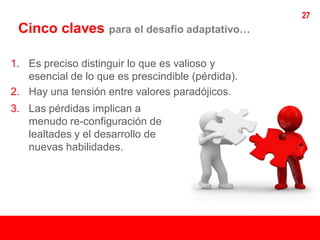27
 Cinco claves       para el desafío adaptativo…


1. Es preciso distinguir lo que es valioso y
   esencial de lo que es prescindible (pérdida).
2. Hay una tensión entre valores paradójicos.
3. Las pérdidas implican a
   menudo re-configuración de
   lealtades y el desarrollo de
   nuevas habilidades.
 