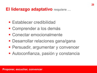 29
  El liderazgo adaptativo       requiere …



       Establecer credibilidad
       Comprender a los demás
       Conectar emocionalmente
       Desarrollar relaciones gana/gana
       Persuadir, argumentar y convencer
       Autoconfianza, pasión y constancia


Proponer, escuchar, convencer
 