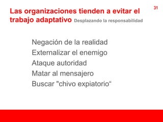 31
Las organizaciones tienden a evitar el
trabajo adaptativo Desplazando la responsabilidad


        Negación de la realidad
        Externalizar el enemigo
        Ataque autoridad
        Matar al mensajero
        Buscar "chivo expiatorio“
 