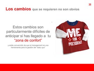 35
Los cambios que se requieren no son obvios

                                                   .
     Estos cambios son
particularmente difíciles de
anticipar si has llegado a tu
      “zona de confort”
 y estás convencido de que el management es una
     herramienta para la gestión del “statu quo”
 