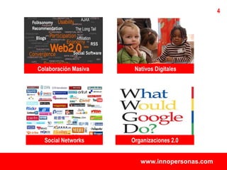 4




Colaboración Masiva    Nativos Digitales




  Social Networks     Organizaciones 2.0


                         www.innopersonas.com
 