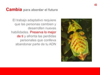 43
Cambia para abordar el futuro

   El trabajo adaptativo requiere
    que las personas cambien y
                desarrollen nuevas
  habilidades. Preserva lo mejor
       de ti y afronta las perdidas
         personales que conlleva
     abandonar parte de tu ADN
 