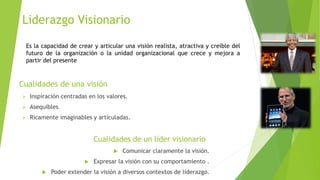 Liderazgo Visionario
Es la capacidad de crear y articular una visión realista, atractiva y creíble del
futuro de la organización o la unidad organizacional que crece y mejora a
partir del presente

Cualidades de una visión


Inspiración centradas en los valores.



Asequibles.



Ricamente imaginables y articuladas.

Cualidades de un líder visionario




Comunicar claramente la visión.

Expresar la visión con su comportamiento .

Poder extender la visión a diversos contextos de liderazgo.

 