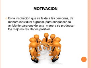 MOTIVACION

   Es la inspiración que se le da a las personas, de
    manera individual o grupal, para enriquecer su
    ambiente para que de esta manera se produzcan
    los mejores resultados posibles.
 