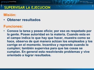 SUPERVISAR LA EJECUCION  Misión:  Obtener resultados  Funciones:  Conoce la tarea y posee oficio; por eso es respetado por la gente. Posee autoridad en la materia. Cuando esta en el campo indica lo que hay que hacer, muestra como se hace, observa de qué manera actúan los empleados y los corrige en el momento. Incentiva y reprende cuando lo cumplen; también supervisa para que las cosas se cumplan. En general esta resolviendo problemas y vive orientado a lograr resultados.  