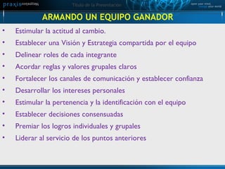 ARMANDO UN EQUIPO GANADOR Estimular la actitud al cambio. Establecer una Visión y Estrategia compartida por el equipo Delinear roles de cada integrante Acordar reglas y valores grupales claros Fortalecer los canales de comunicación y establecer confianza Desarrollar los intereses personales Estimular la pertenencia y la identificación con el equipo Establecer decisiones consensuadas Premiar los logros individuales y grupales Liderar al servicio de los puntos anteriores 