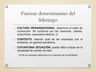 Fuerzas determinantes del
liderazgo
 CULTURA ORGANIZACIONAL: determina el estilo de
conducción. Se conforma por las creencias, valores,
costumbres, supuestos básicos. (*)
 CONTEXTO: relación dual de las empresas con el
ambiente, en general asimétrica.
 COYUNTURA/ SITUACIÓN: puede influir incluso en la
necesidad de cambio de líder.
(*) No es necesario detenerse en el ejemplo de los All Blacks
 