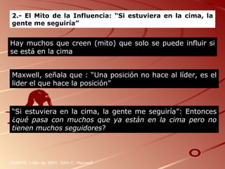 FUENTE: Lider de 360º. John C. Maxwell  2.- El Mito de la Influencia: “Si estuviera en la cima, la gente me seguiría” Hay muchos que creen (mito) que solo se puede influir si se está en la cima Maxwell, señala que : “Una posición no hace al líder, es el lider el que hace la posición” “ Si estuviera en la cima, la gente me seguiría”: Entonces ¿ qué pasa con muchos que ya están en la cima pero no tienen muchos seguidores ? 