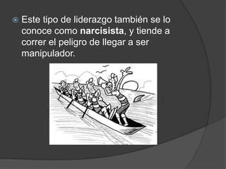 

Este tipo de liderazgo también se lo
conoce como narcisista, y tiende a
correr el peligro de llegar a ser
manipulador.

 