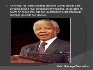 

A menudo, los líderes son más efectivos cuando afectan a las
personas tanto a nivel emocional como racional, el liderazgo no
ocurre sin seguidores, que son un componente del proceso de
liderazgo ignorado con facilidad.

Video Liderazgo Compartido

 