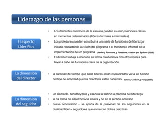 Liderazgo de las personas 
El aspecto 
Líder Plus
• Los diferentes miembros de la escuela pueden asumir posiciones claves
en momentos determinados (líderes formales e informales).
• Los profesores pueden contribuir a una serie de funciones de liderazgo
incluso respaldando la visión del programa o el monitoreo informal de la
implementación de un programa
• El director trabaja a menudo en forma colaborativa con otros líderes para
llevar a cabo las funciones clave de la organización.
La dimensión 
del director
La dimensión 
del seguidor
• la cantidad de tiempo que otros líderes están involucrados varía en función
del tipo de actividad que los directores estén haciendo Spillane, Camburn, y Pareja (2007)
(Heller y Firestone, y Firestone, citados por Spillane (2006)
• un elemento constituyente y esencial al definir la práctica del liderazgo
• le da forma de adentro hacia afuera y no en el sentido contrario
• nueva connotación - se aparta de la pasividad de los seguidores en la
dualidad líder – seguidores que enmarcan dichas prácticas.
 