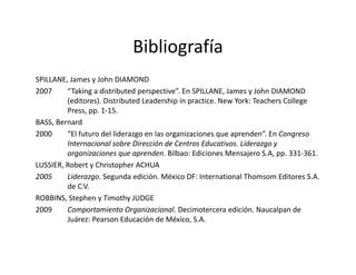 Bibliografía
SPILLANE, James y John DIAMOND
2007 “Taking a distributed perspective”. En SPILLANE, James y John DIAMOND 
(editores). Distributed Leadership in practice. New York: Teachers College 
Press, pp. 1‐15.
BASS, Bernard
2000 “El futuro del liderazgo en las organizaciones que aprenden”. En Congreso 
Internacional sobre Dirección de Centros Educativos. Liderazgo y 
organizaciones que aprenden. Bilbao: Ediciones Mensajero S.A, pp. 331‐361.
LUSSIER, Robert y Christopher ACHUA
2005 Liderazgo. Segunda edición. México DF: International Thomsom Editores S.A. 
de C.V.
ROBBINS, Stephen y Timothy JUDGE
2009 Comportamiento Organizacional. Decimotercera edición. Naucalpan de 
Juárez: Pearson Educación de México, S.A.
 