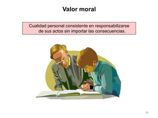 28
Cualidad personal consistente en responsabilizarse
de sus actos sin importar las consecuencias.
Valor moral
 