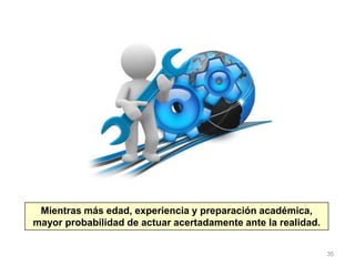35
Mientras más edad, experiencia y preparación académica,
mayor probabilidad de actuar acertadamente ante la realidad.
 