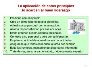 54
La aplicación de estos principios
lo acercan al buen liderazgo
1. Predique con el ejemplo.
2. Cree un clima laboral de alta disciplina.
3. Adiestre a su personal como un equipo.
4. Asuma responsabilidad por sus acciones.
5. Emita órdenes o instrucciones racionales.
6. Conozca a su personal y vele por su bienestar.
7. Emplee su unidad de acuerdo a sus capacidades.
8. Asegúrese que todos entiendan la tarea por cumplir.
9. Evite los rumores, manteniendo al personal informado.
10. Trate de ser, en su área de trabajo, técnicamente experto.
 
