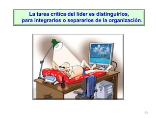 63
La tarea crítica del líder es distinguirlos,
para integrarlos o separarlos de la organización.
 