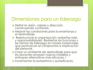 Dimensiones para un liderazgo
 Definir la visión, valores y dirección,
construyendo confianza.
 Mejorar las condiciones para la enseñanza y
el aprendizaje
 Reestructurar la organización: rediseñar roles
y responsabilidades. Rediseñar las funciones y
las formas de liderazgo en modos horizontales
que promuevan el compromiso e implicación
del personal.
 Crear un ambiente de aprendizaje para que
los docentes ensayen nuevos modelos y
enfoques alternativos más eficaces. I
 Incrementar la autoestima y autoeficacia.
 