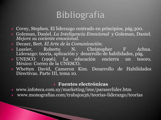 Covey, Stephen. El liderazgo centrado en principios, pág.300.Goleman, Daniel. La Inteligencia Emocional  y Goleman, Daniel. Mejore su cociente emocional.Decaer, Bert. El Arte de la Comunicación.Lussier, Roberto N. Christopher F Achua. Liderazgo: teoría, aplicación y  desarrollo de habilidades, pág.UNESCO (1996). La educación encierra un tesoro. México: Correo de la UNESCO. Whetten David, Cameron Kim. Desarrollo de Habilidades Directivas. Parte III, tema 10.Fuentes electrónicas www.infoteca.com.uy/marketing/ime/paraserlider.htm www.monografías.com/trabajos36/teorías-liderazgo/teoríasBibliografía