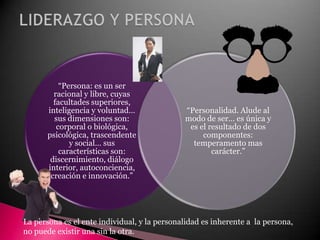 LIDERAZGO Y PERSONALa persona es el ente individual, y la personalidad es inherente a  la persona, no puede existir una sin la otra.