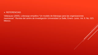 REFERENCIAS.
Velázquez (2005). Liderazgo empático “Un modelo de liderazgo para las organizaciones
mexicanas”. Revista del centro de investigación Universidad La Salle, Enero- Junio. Vol. 6. No. 023.
México.
 