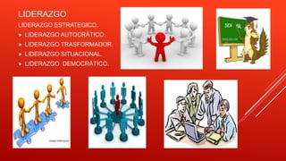 LIDERAZGO
LIDERAZGO ESTRATEGICO.
 LIDERAZGO AUTOCRÁTICO.
 LIDERAZGO TRASFORMADOR.
 LIDERAZGO SITUACIONAL.
 LIDERAZGO DEMOCRÁTICO.
 