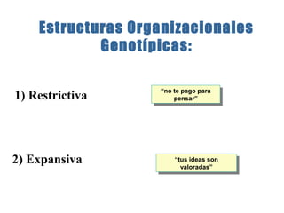 Estructuras Organizacionales 
Genotípicas: 
1) Restrictiva 
2) Expansiva 
“no te pago para 
“no te pago para 
pensar” 
pensar” 
“tus ideas son 
valoradas” 
“tus ideas son 
valoradas” 
 