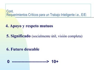 Cont. 
Requerimientos Críticos para un Trabajo Inteligente i.e., E/E: 
4. Apoyo y respeto mutuos 
5. Significado (socialmente útil, visión completa) 
6. Futuro deseable 
0 -------------------------> 10+ 
 