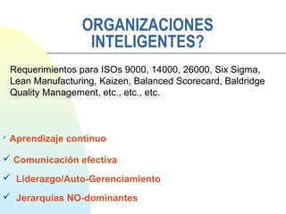 ORGANIZACIONES 
INTELIGENTES? 
Requerimientos para ISOs 9000, 14000, 26000, Six Sigma, 
Lean Manufacturing, Kaizen, Balanced Scorecard, Baldridge 
Quality Management, etc., etc., etc. 
 Aprendizaje continuo 
 Comunicación efectiva 
 Liderazgo/Auto-Gerenciamiento 
 Jerarquias NO-dominantes 
 