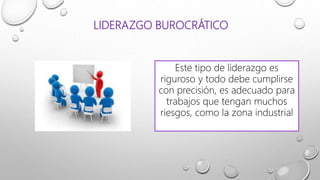 LIDERAZGO BUROCRÁTICO
Este tipo de liderazgo es
riguroso y todo debe cumplirse
con precisión, es adecuado para
trabajos que tengan muchos
riesgos, como la zona industrial
 
