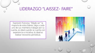 LIDERAZGO “LAISSEZ- FAIRE”
Expresión francesa: “Déjalo ser” la
mayoría de estos lideres, deja a cada
uno de sus miembros trabajar por su
cuenta, es ideal cuando se cuenta con
experiencia e iniciativa, lo ideal es
realizar revisiones periódicas.
 