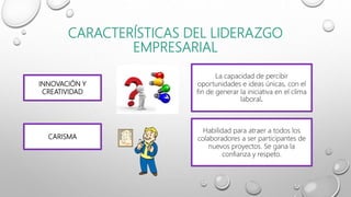 CARACTERÍSTICAS DEL LIDERAZGO
EMPRESARIAL
INNOVACIÓN Y
CREATIVIDAD
La capacidad de percibir
oportunidades e ideas únicas, con el
fin de generar la iniciativa en el clima
laboral.
CARISMA
Habilidad para atraer a todos los
colaboradores a ser participantes de
nuevos proyectos. Se gana la
confianza y respeto.
 