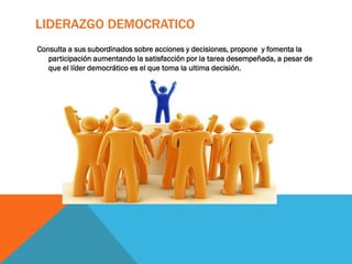 LIDERAZGO DEMOCRATICO
Consulta a sus subordinados sobre acciones y decisiones, propone y fomenta la
participación aumentando la satisfacción por la tarea desempeñada, a pesar de
que el líder democrático es el que toma la ultima decisión.
 