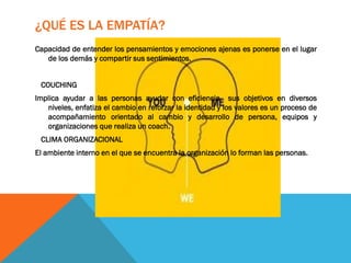 ¿QUÉ ES LA EMPATÍA?
Capacidad de entender los pensamientos y emociones ajenas es ponerse en el lugar
de los demás y compartir sus sentimientos.
COUCHING
Implica ayudar a las personas ayudar con eficiencia sus objetivos en diversos
niveles, enfatiza el cambio en reforzar la identidad y los valores es un proceso de
acompañamiento orientado al cambio y desarrollo de persona, equipos y
organizaciones que realiza un coach.
CLIMA ORGANIZACIONAL
El ambiente interno en el que se encuentra la organización lo forman las personas.
 