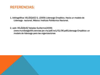 REFERENCIAS:
1. bibliográfica: VELÁZQUEZ G. (2009) Liderazgo Empático. Hacia un modelo de
Liderazgo nacional, México: Instituto Politécnico Nacional.
2. web: VELÁZQUEZ Valadez Guillermo(2009)
(www.mundosigloXXI.ciencias.ipn.mx/pdf/vo1/01/06.pdf)Liderazgo Empático: un
modelo de liderazgo para las organizaciones
 