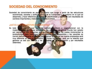 SOCIEDAD DEL CONOCIMIENTO
Sociedad de conocimiento es aquel fenómeno que surge a partir de las estructuras
económicas, sociales y políticas dentro de la humanidad y el entorno en el que se
desarrolla, y hace referencia al ámbito de planificación y expansión con resultados de
cambios importantes y medulares en todas la áreas.
¿QUÉ ES LA RE ARQUITECTURA ORGANIZACIONAL?
Es todo aquel cambio que sufre la estructura laboral u organizacional con la
implementación de nuevas tecnologías, las empresas de primer mundo han optado
por reemplazar con maquinas que facilitan los procesos las cuales incrementan la
productividad, esto hace que los empleados sean despedidos y las vacantes se
cierren definitivamente el proceso para evaluar el valor de los nuevos empleados será
muy diferente ya que no se medirá por horas trabajadas, será por la relación que
generan ya sea con clientes y los miembros de la organización y por resultados
obtenidos.
 