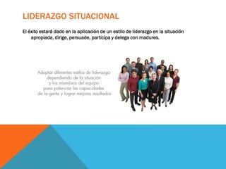 LIDERAZGO SITUACIONAL
El éxito estará dado en la aplicación de un estilo de liderazgo en la situación
apropiada, dirige, persuade, participa y delega con madures.
 
