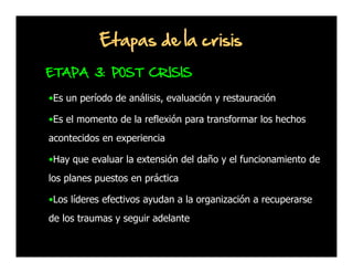 Etapas de la crisis
ETAPA 3: POST CRISIS
•Es un período de análisis, evaluación y restauración
•Es el momento de la reflexión para transformar los hechos
acontecidos en experiencia
•Hay que evaluar la extensión del daño y el funcionamiento de
los planes puestos en práctica
•Los líderes efectivos ayudan a la organización a recuperarse
de los traumas y seguir adelante

 