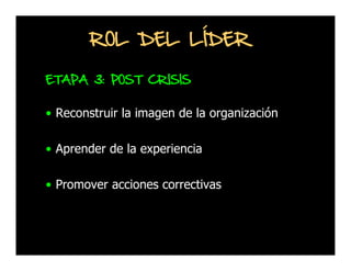ROL DEL LÍDER
ETAPA 3: POST CRISIS

• Reconstruir la imagen de la organización
• Aprender de la experiencia
• Promover acciones correctivas

 