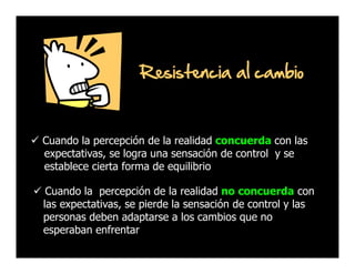 Resistencia al cambio

Cuando la percepción de la realidad concuerda con las
expectativas, se logra una sensación de control y se
establece cierta forma de equilibrio
Cuando la percepción de la realidad no concuerda con
las expectativas, se pierde la sensación de control y las
personas deben adaptarse a los cambios que no
esperaban enfrentar

 