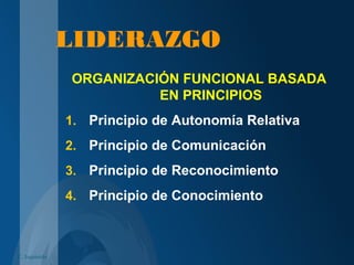 LIDERAZGO
ORGANIZACIÓN FUNCIONAL BASADA
EN PRINCIPIOS
1. Principio de Autonomía Relativa
2. Principio de Comunicación
3. Principio de Reconocimiento
4. Principio de Conocimiento
C. Izquierdo
 