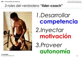 13
V i s i o n h o l i s t i c a
Cambio Personal & Organizacional
UP – Universidad de Palermo
© copyright
www.visionholistica.com
3 roles del verdadero “líder-coach”
1.Desarrollar
competencia
2.Inyectar
motivación
3.Proveer
autonomía
 