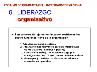 9.  LIDERAZGO    organizativo ESCALAS DE CONDUCTA DEL LIDER TRANSFORMACIONAL   <ul><li>Son capaces de  ejercer un impacto ...