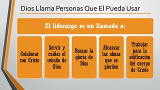 Dios Llama Personas Que El Pueda Usar
El liderazgo es un llamado a:
Colaborar
con Cristo
Servir y
cuidar el
rebaño de
Dios
Buscar la
gloria de
Dios
Alcanzar
las almas
que se
pierden
Trabajar
para la
edificación
del cuerpo
de Cristo
 
