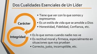 Dos Cualidades Esenciales de Un Líder
• Tiene que ver con lo que somos y
expresamos
• Es un estilo de vida que se amolde a Dios
• Honestidad, Fidelidad, Confianza, etc.
Carácter
• Es lo que somos cuando nadie nos ve
• Es rectitud moral y firmeza, especialmente en
situaciones que nos prueban
• Correcto, justo, incorruptible, etc.
Integridad
 