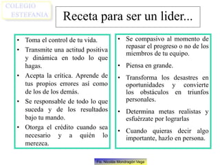 Fis. Nicolás Mondragón Vega
Receta para ser un lider...
• Toma el control de tu vida.
• Transmite una actitud positiva
y dinámica en todo lo que
hagas.
• Acepta la crítica. Aprende de
tus propios errores así como
de los de los demás.
• Se responsable de todo lo que
suceda y de los resultados
bajo tu mando.
• Otorga el crédito cuando sea
necesario y a quién lo
merezca.
• Se compasivo al momento de
repasar el progreso o no de los
miembros de tu equipo.
• Piensa en grande.
• Transforma los desastres en
oportunidades y convierte
los obstáculos en triunfos
personales.
• Determina metas realistas y
esfuérzate por lograrlas
• Cuando quieras decir algo
importante, hazlo en persona.
 