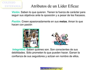 Fis. Nicolás Mondragón Vega
Visión. Saben lo que quieren. Tienen la fuerza de carácter para
seguir sus objetivos ante la oposición y a pesar de los fracasos.
Pasión. Creen apasionadamente en sus metas. Aman lo que
hacen con pasión
Integridad. Saben quiénes son. Son conscientes de sus
debilidades. Sólo prometen lo que pueden hacer. Ganan la
confianza de sus seguidores y actúan en nombre de ellos.
Atributos de un Líder Eficaz
 
