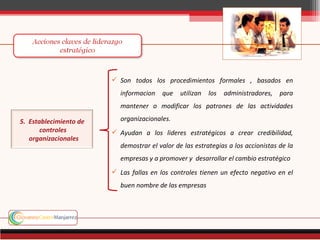  Son todos los procedimientos formales , basados en
                           informacion   que    utilizan   los   administradores,   para
                           mantener o modificar los patrones de las actividades

5. Establecimiento de      organizacionales.
       controles         Ayudan a los lideres estratégicos a crear credibilidad,
   organizacionales
                           demostrar el valor de las estrategias a los accionistas de la
                           empresas y a promover y desarrollar el cambio estratégico
                         Las fallas en los controles tienen un efecto negativo en el
                           buen nombre de las empresas
 