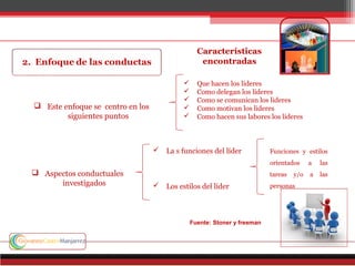  Este enfoque se centro en los
siguientes puntos
 Que hacen los lideres
 Como delegan los lideres
 Como se comunican los lideres
 Como motivan los lideres
 Como hacen sus labores los lideres
 La s funciones del líder
 Los estilos del líder
Características
encontradas
Fuente: Stoner y freeman
 Aspectos conductuales
investigados
Funciones y estilos
orientados a las
tareas y/o a las
personas
 
