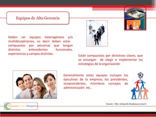Están compuestos por directivos claves, que
se encargan de elegir e implementar las
estrategias de la organización
Deben ser equipos heterogéneos y/o
multidisciplinarios, es decir deben estar
compuestos por personas que tengan
distintos antecedentes funcionales,
experiencias y campos distintos.
Generalmente estos equipos incluyen los
ejecutivos de la empresa, los presidentes,
vicepresidentes, miembros consejos de
administración etc..
Fuente : Hitt, Ireland & Hoskisson (2007)
 